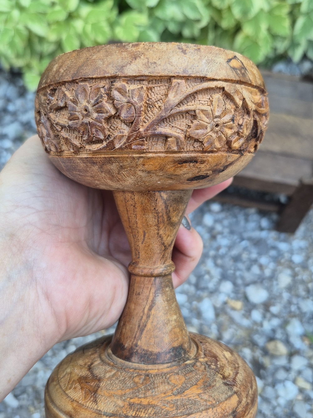 Vintage Hand Carved Wooden Pillar Candle Holder Stand | Rustic Boho Floral - Picture 5 of 13